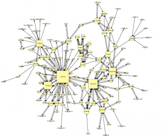 One of the complex graphs produced by Eduardo showing the interactions between politicians and establishment figures in Colombia
